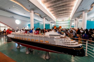 Model of the new Disney Dream cruise ship, Disney Cruise Line terminal (passengers boarding the Disney Dream), Port Canaveral, Florida USA